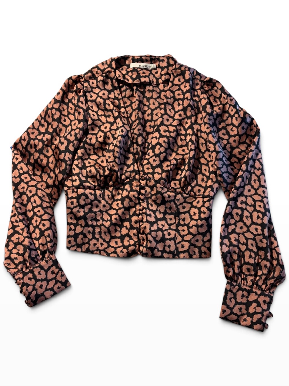 e.ssue Pink Black Leopard Satin Blouse Y2K Button Front Size M